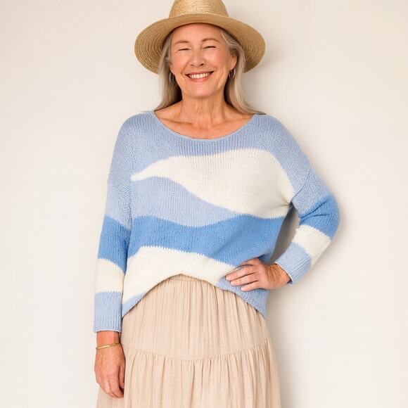 Wooden Ships Wavy Print Sweater Size S/M Blue Open Knit Nautical Coastal Chic - Picture 1 of 12